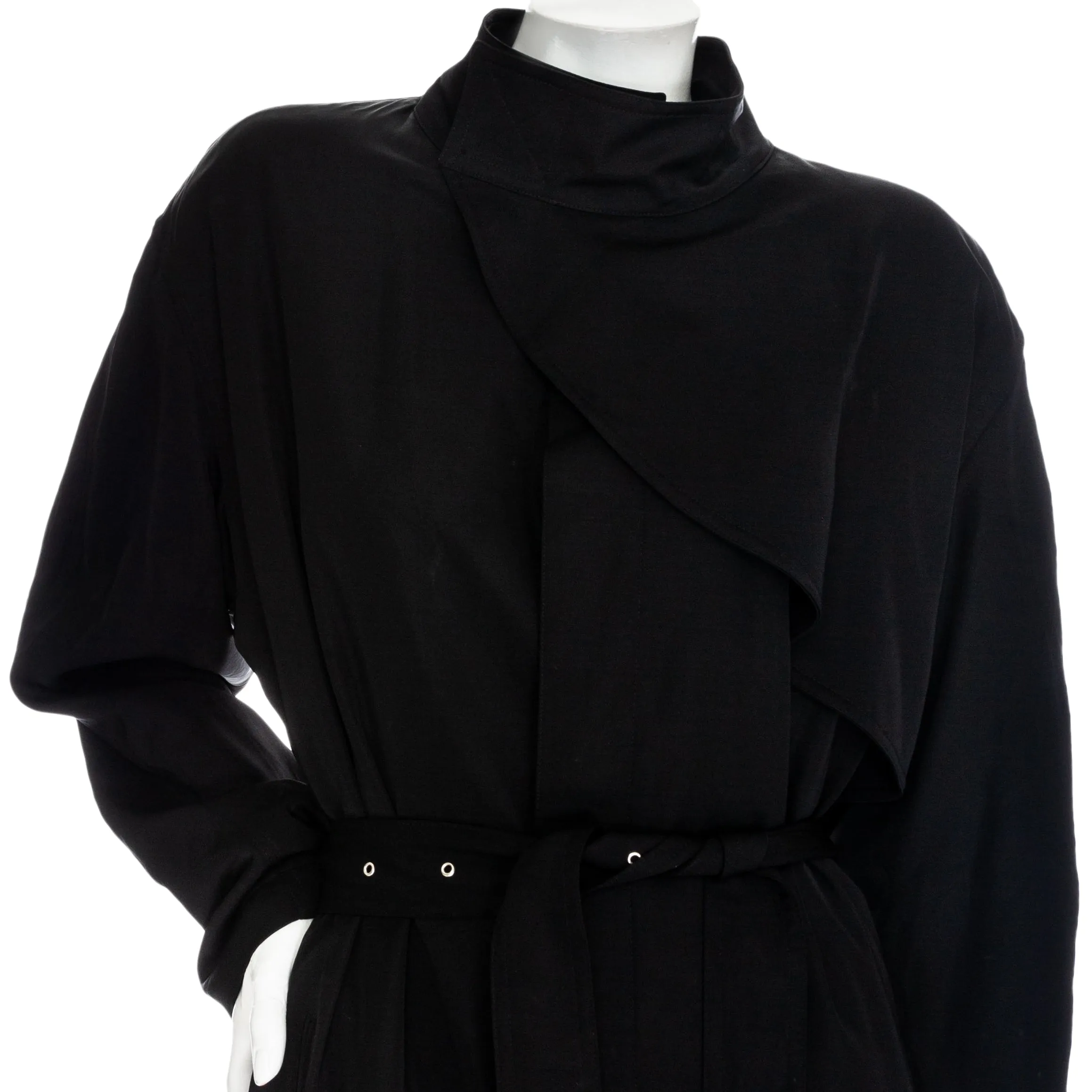 1980s Black Wool-Blend Belted Trench Coat