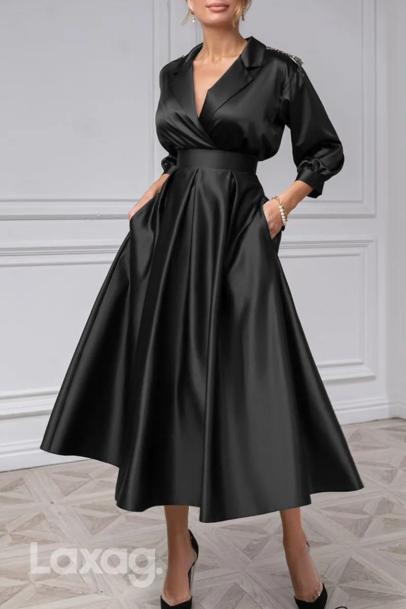 22964 - A-Line V-Neck Quarter Sleeves Beaded Ankle-Length Cocktail Party Formal Evening Dress