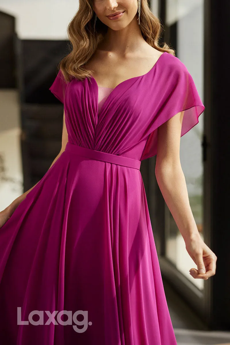 23057 - A-Line Short Sleeves Pleated Sleek Satin Cocktail Party Formal Evening Dress