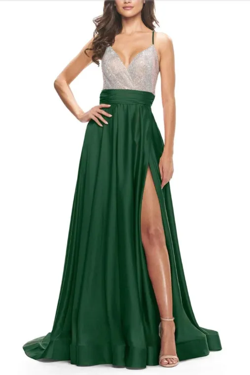 A-Line Prom Dress V-Neck Spaghetti Strap Dress Beaded Satin Evening Dress