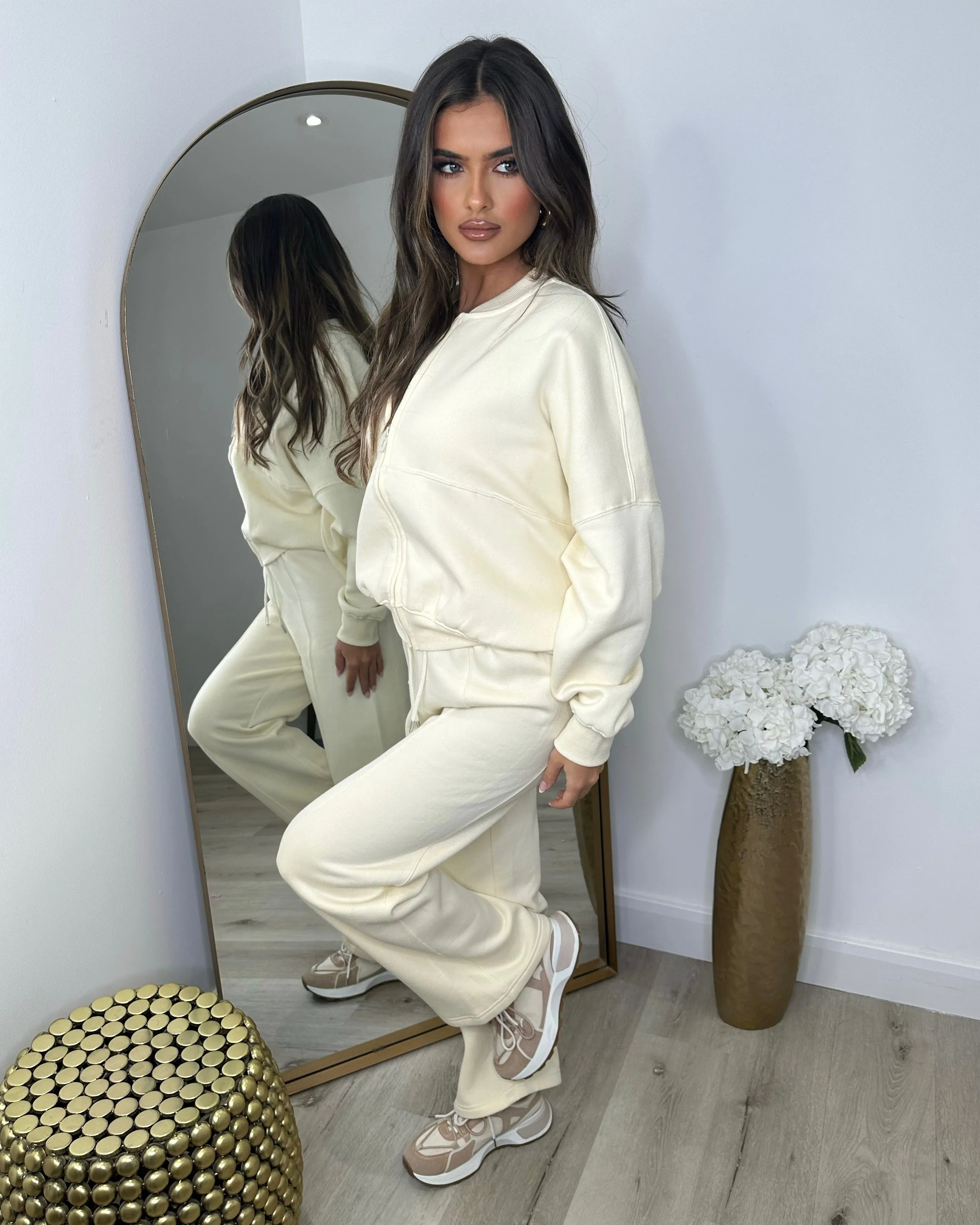 Amelia Bomber Zip Jacket & Straight Leg Joggers Set- Cream