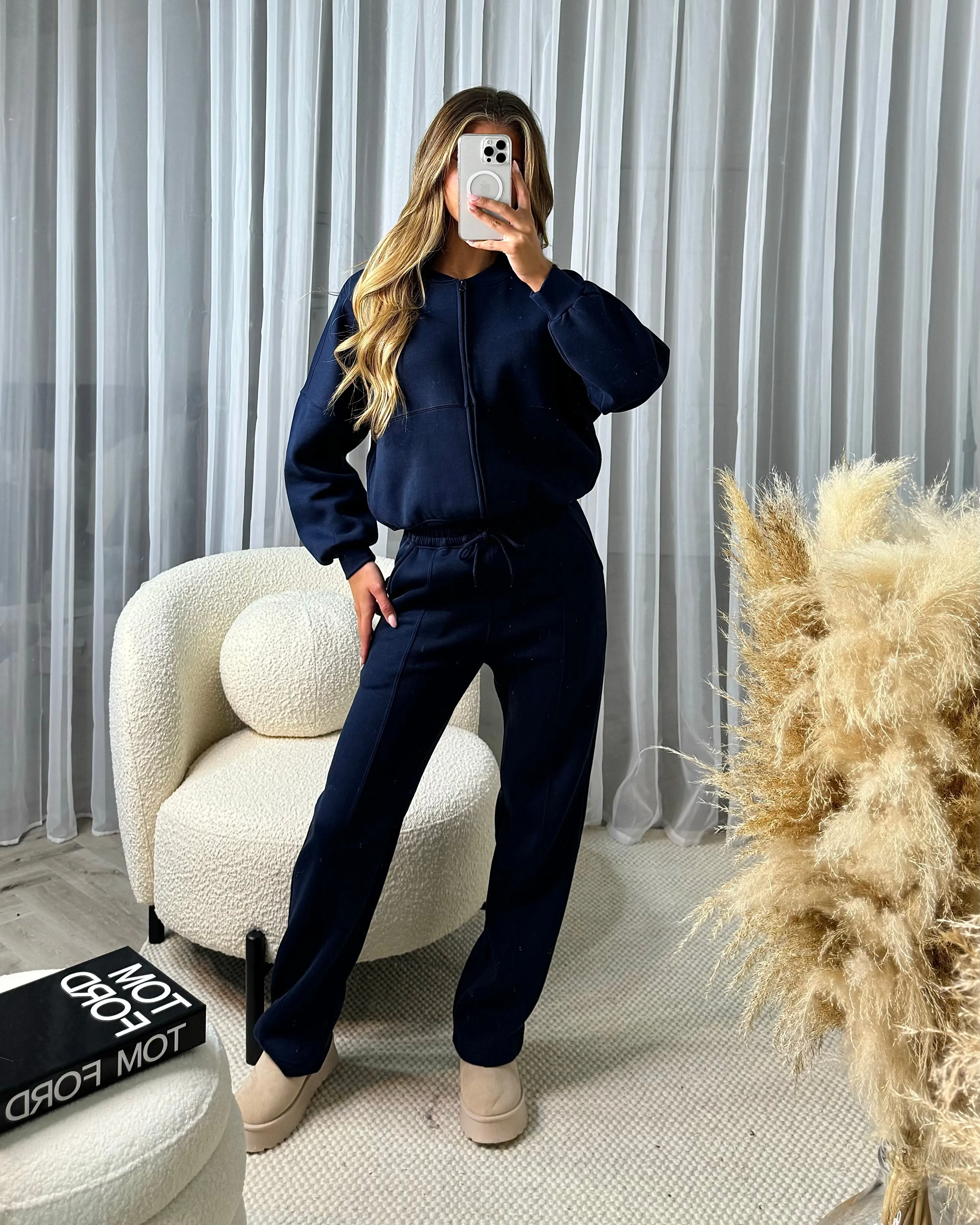 Amelia Bomber Zip Jacket & Straight Leg Joggers Set- Navy