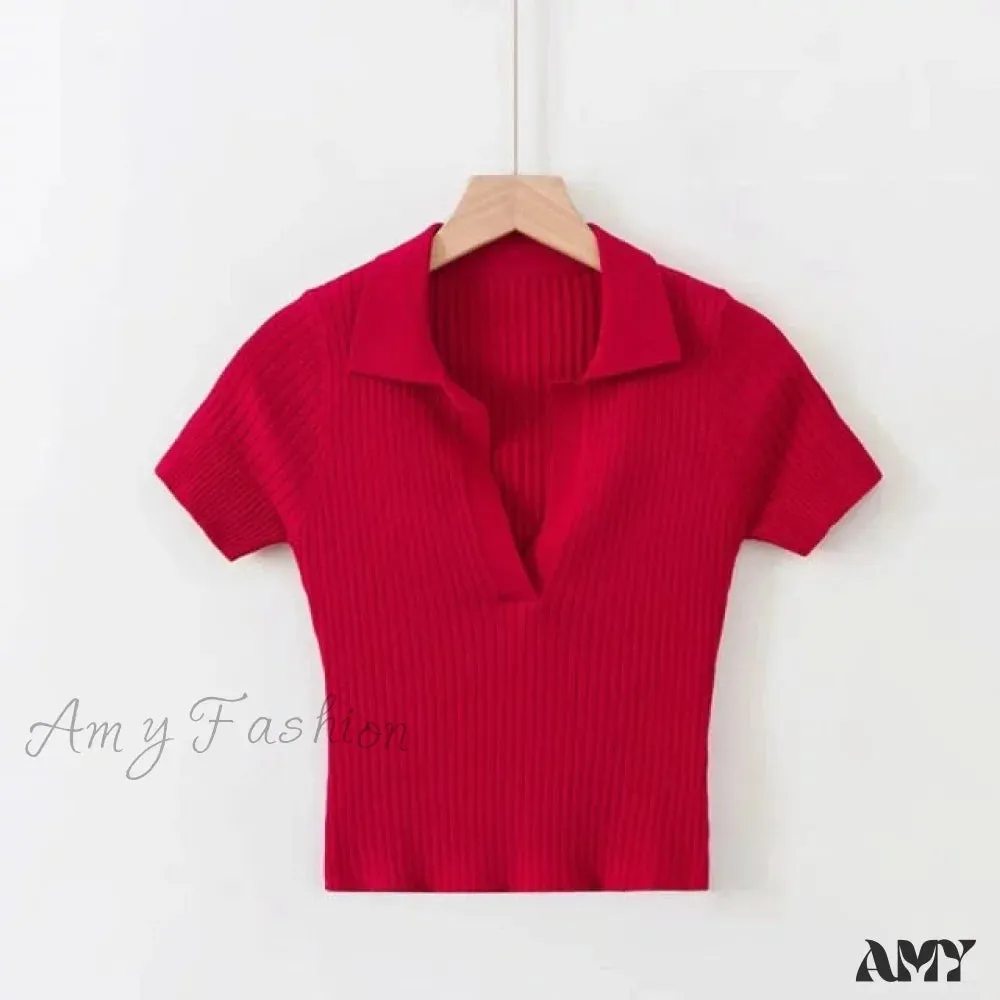 Amy Fashion - Vintage Clothes Ribbed Solid T-shirt