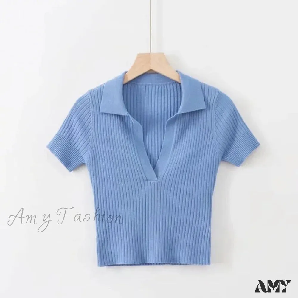 Amy Fashion - Vintage Clothes Ribbed Solid T-shirt