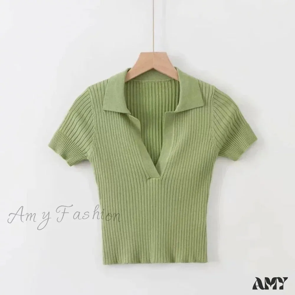 Amy Fashion - Vintage Clothes Ribbed Solid T-shirt