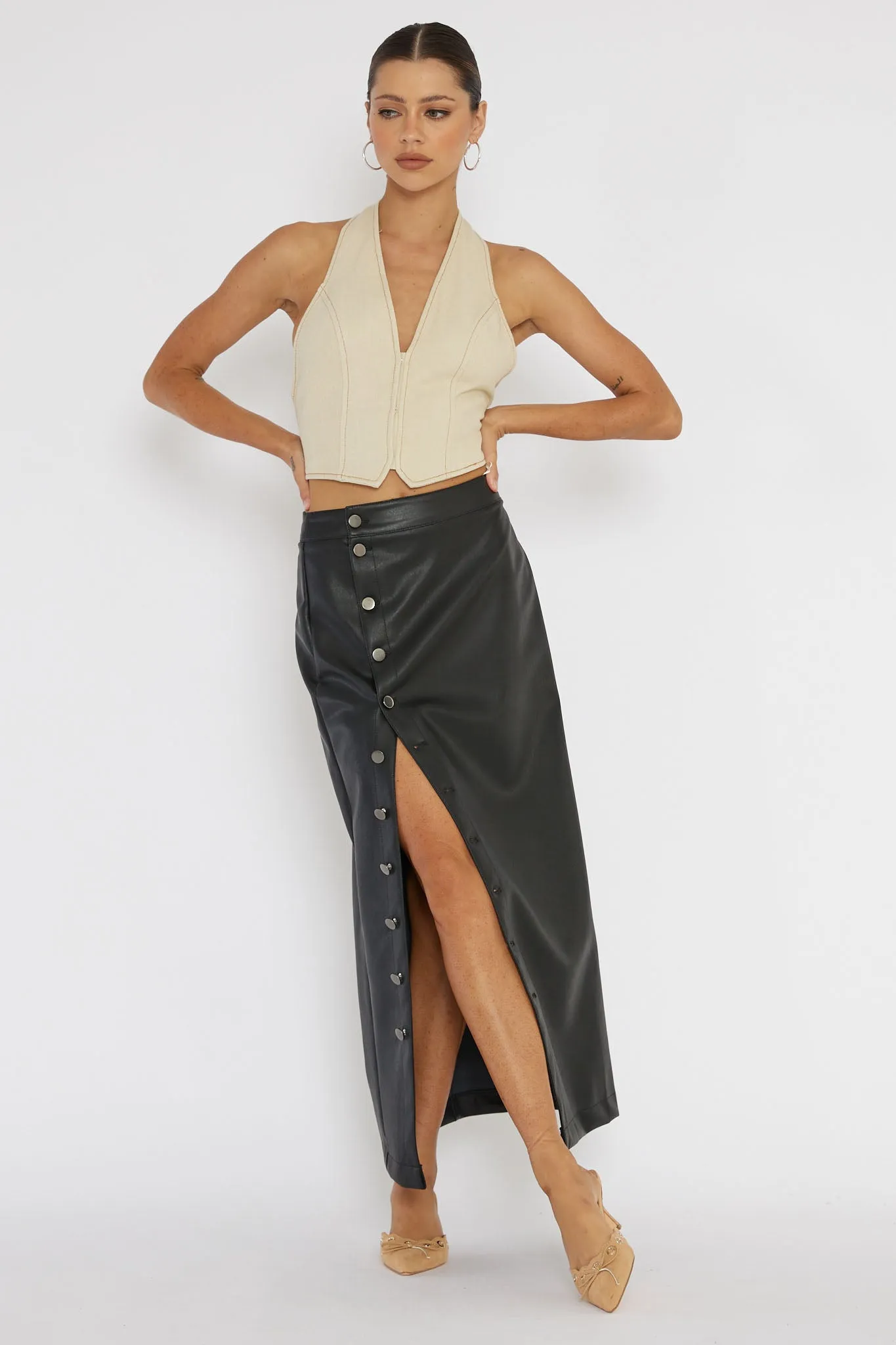 Angelica Button-Up Faux Leather Midi Skirt Black