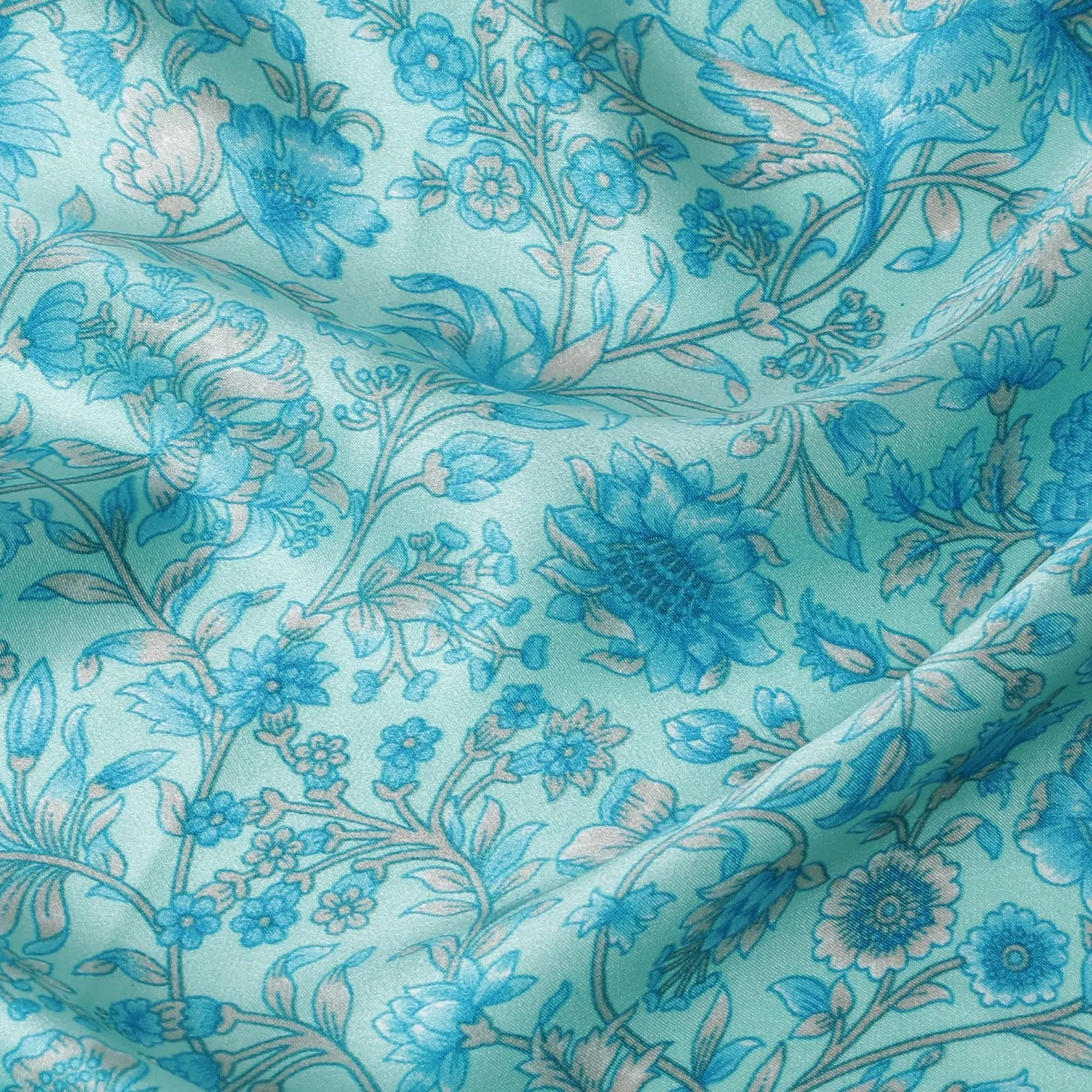 Aquamarine Floral Silk Satin Fabric - 110cm Wide - D18285