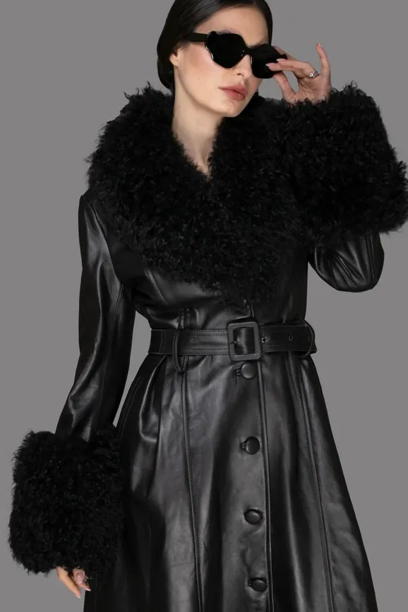 Aw Trench Coat - Black Italian Leather & Mongolian Accent