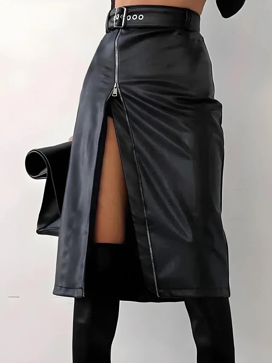 Baddie Zip Up Slit Midi Skirt