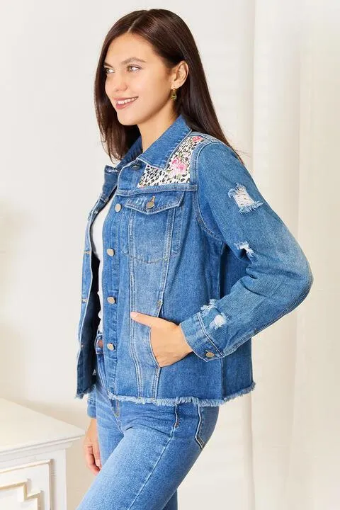 Baeful Leopard Floral Distressed Raw Hem Denim Jacket