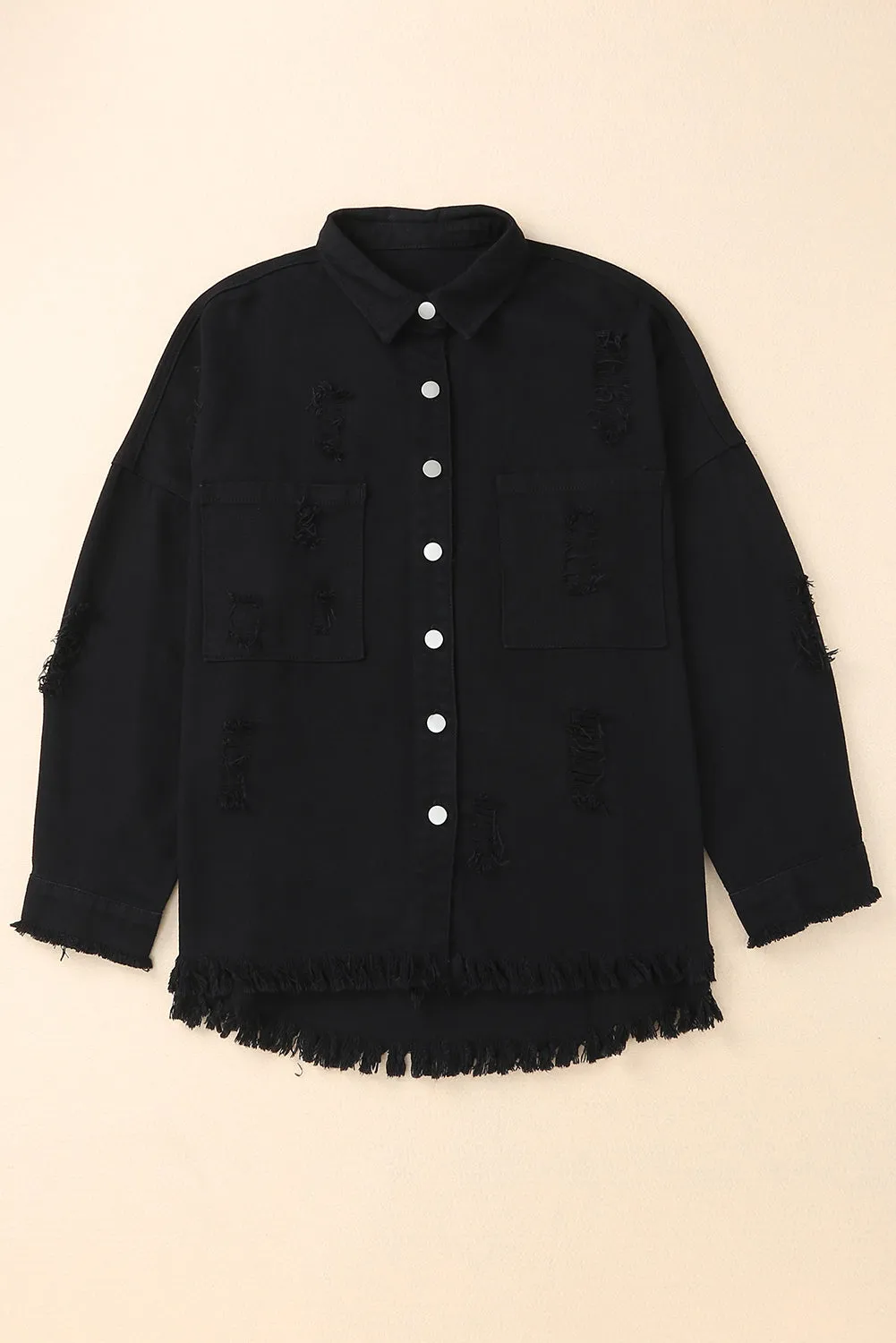 Black Distressed Fringe Trim Denim Jacket