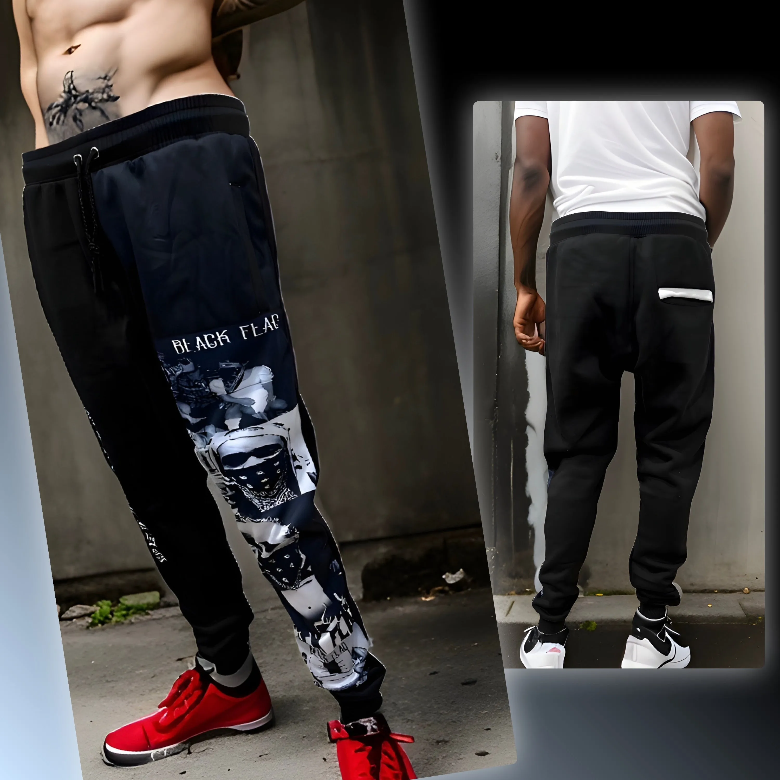 ^BLACK FLAG^ (BLACK) ~CREW POSSE~ EMBROIDERED JOGGER SWEATPANTS (CUT & SEW)