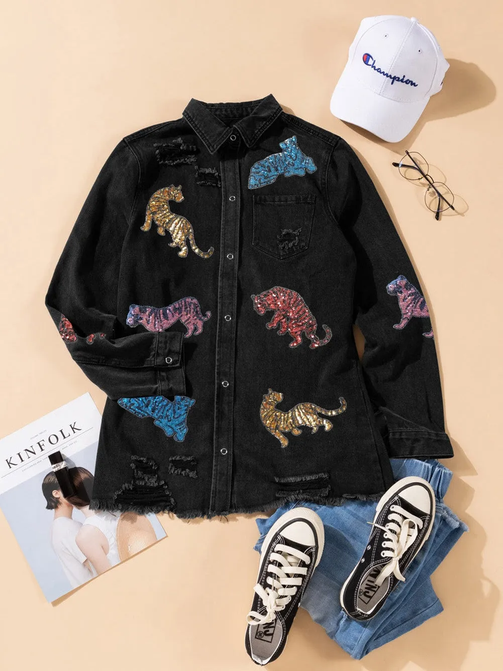 Black Sequin Tiger Embroidered Denim Jacket