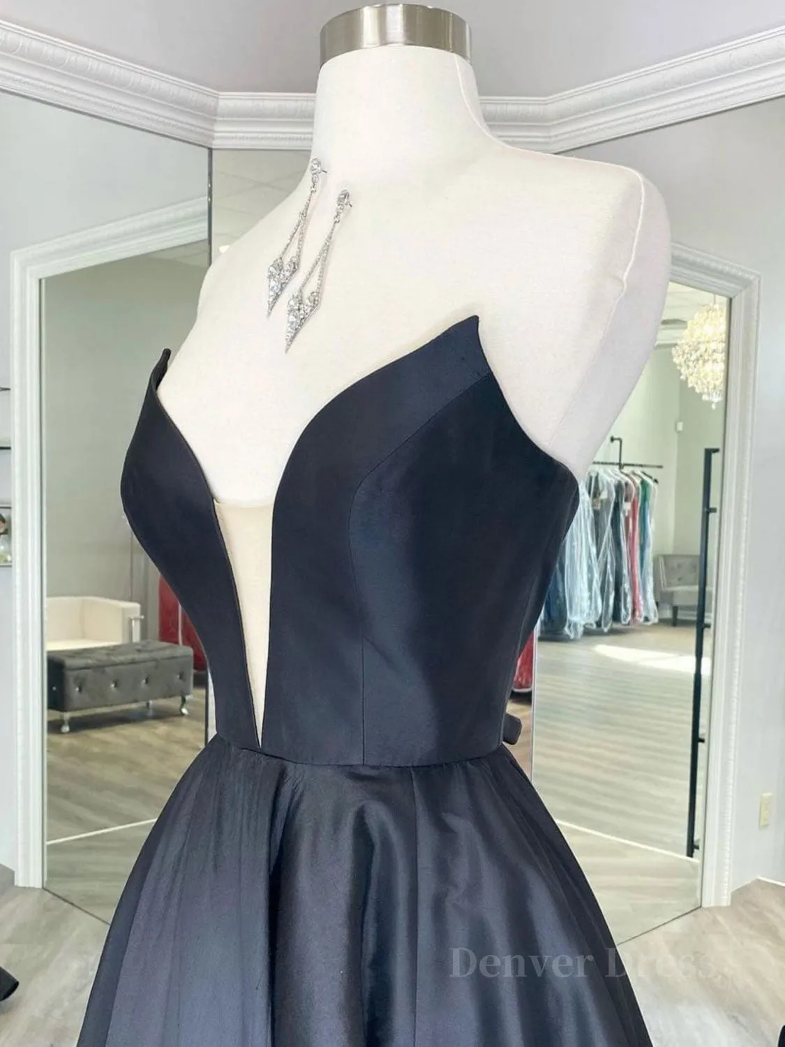 Black v neck satin long prom dress, black evening dress