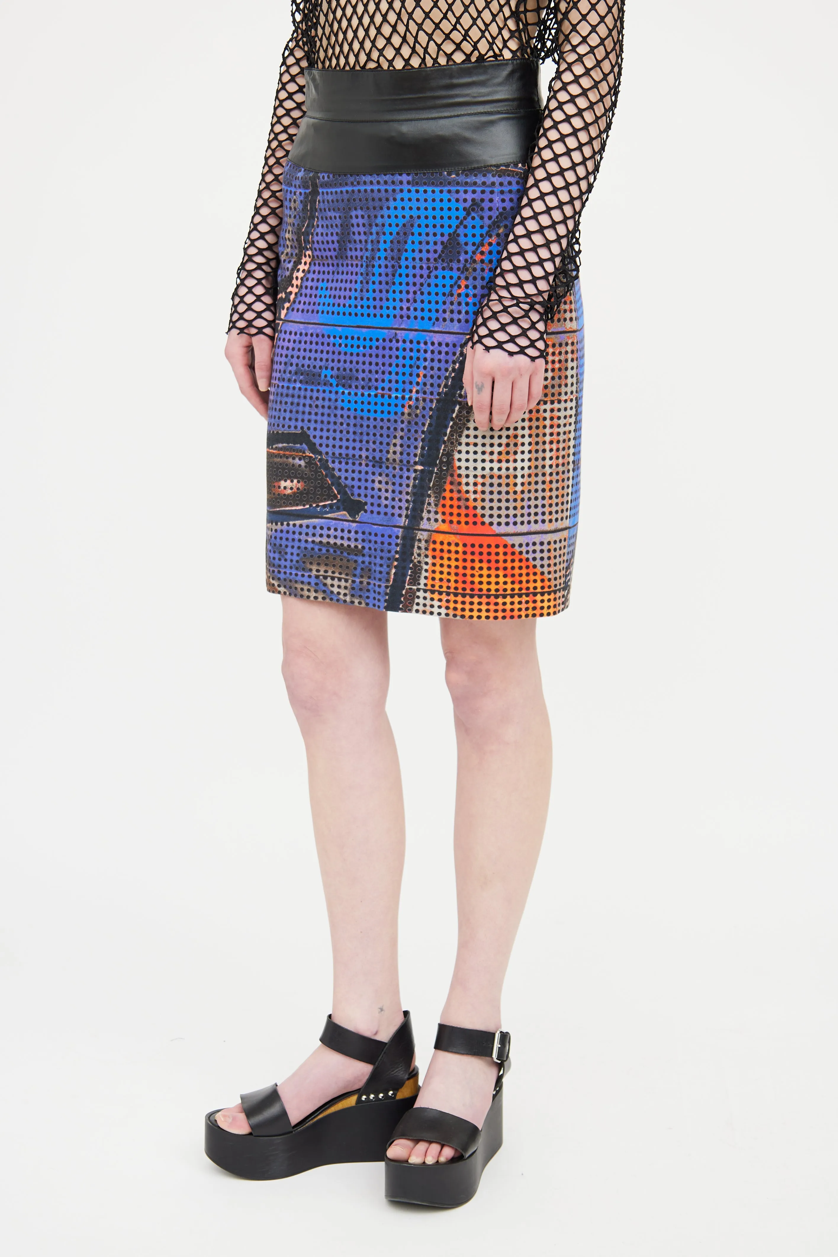 Blue & Multi Perforated Print Skirt