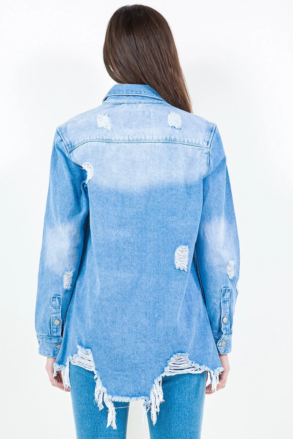 Blue Bazi Frayed Hem Distressed Denim Shirt Jacket