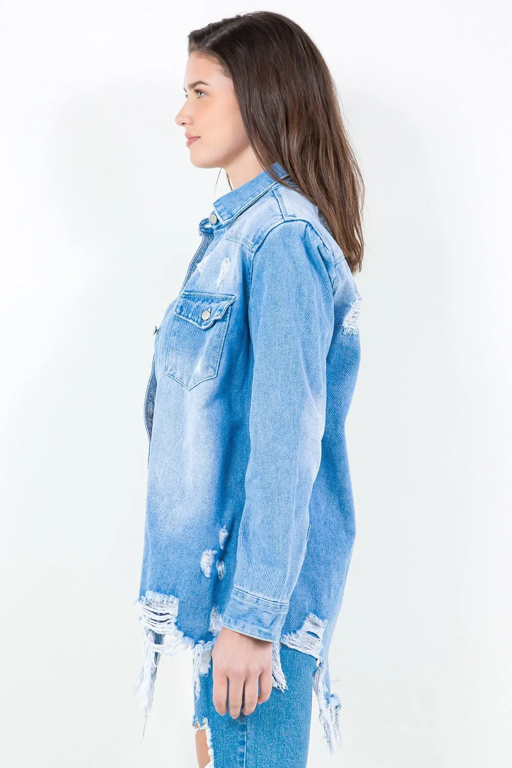 Blue Bazi Frayed Hem Distressed Denim Shirt Jacket