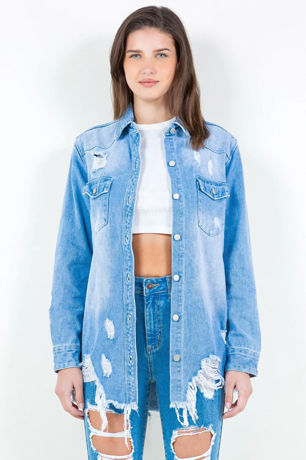 Blue Bazi Frayed Hem Distressed Denim Shirt Jacket