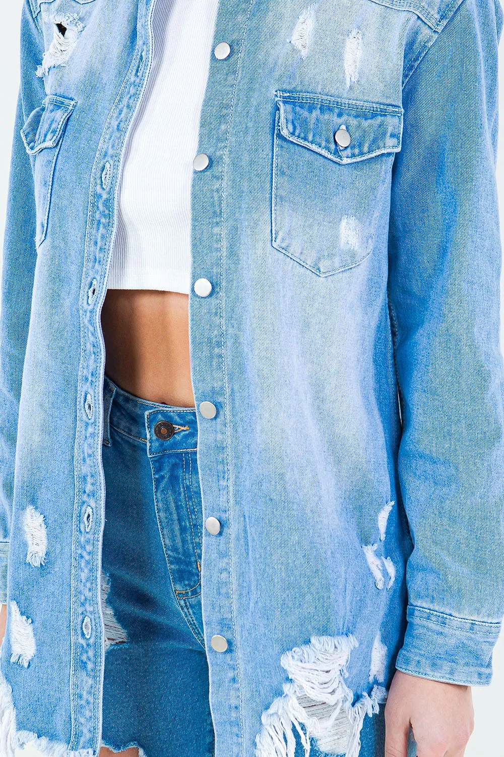 Blue Bazi Frayed Hem Distressed Denim Shirt Jacket