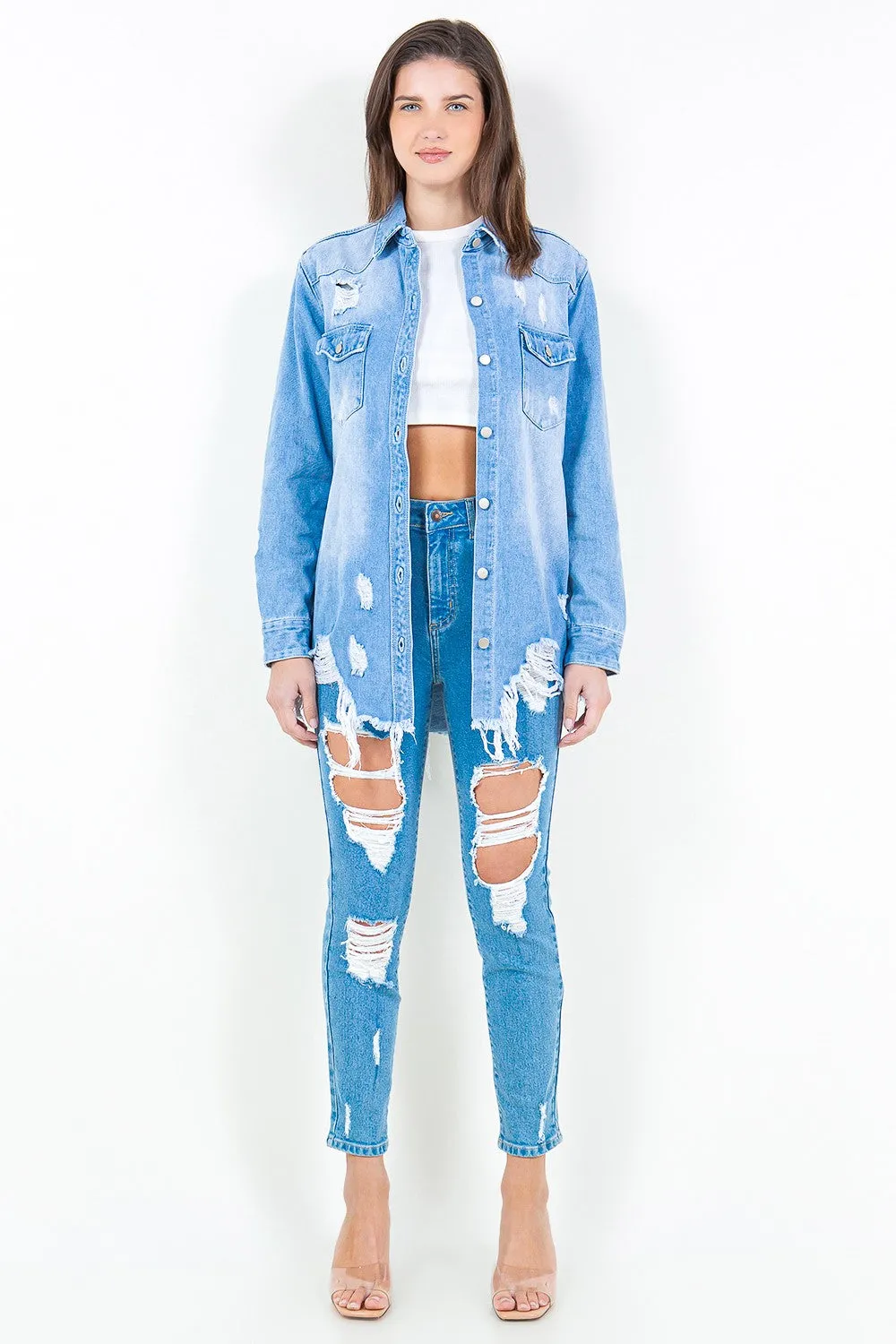 Blue Bazi Frayed Hem Distressed Denim Shirt Jacket