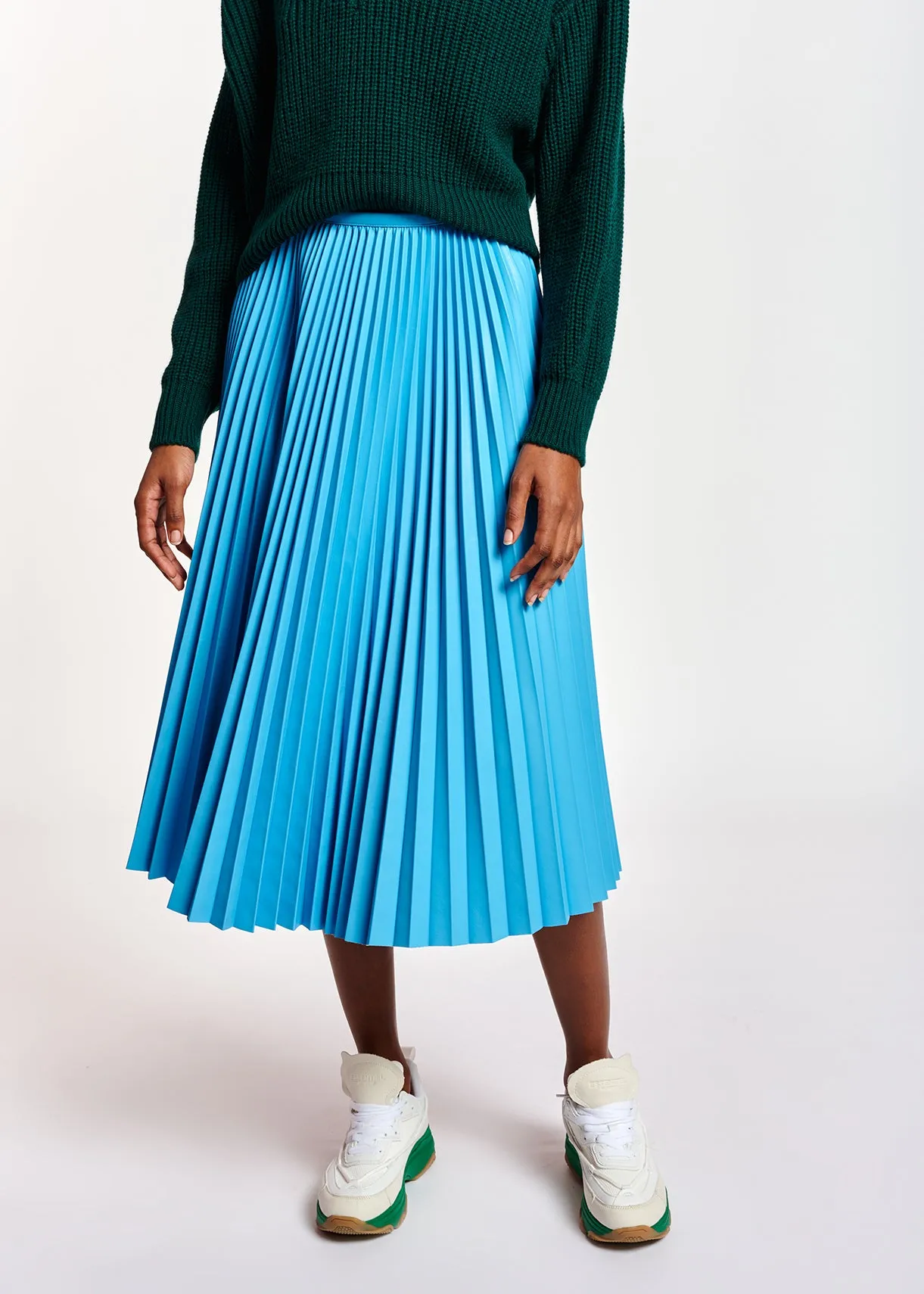 Blue faux leather plissé skirt