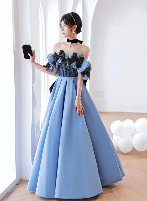 Blue Satin Off Shoulder Black Lace Long Party Dress A-line Blue Prom Dress Evening Dress