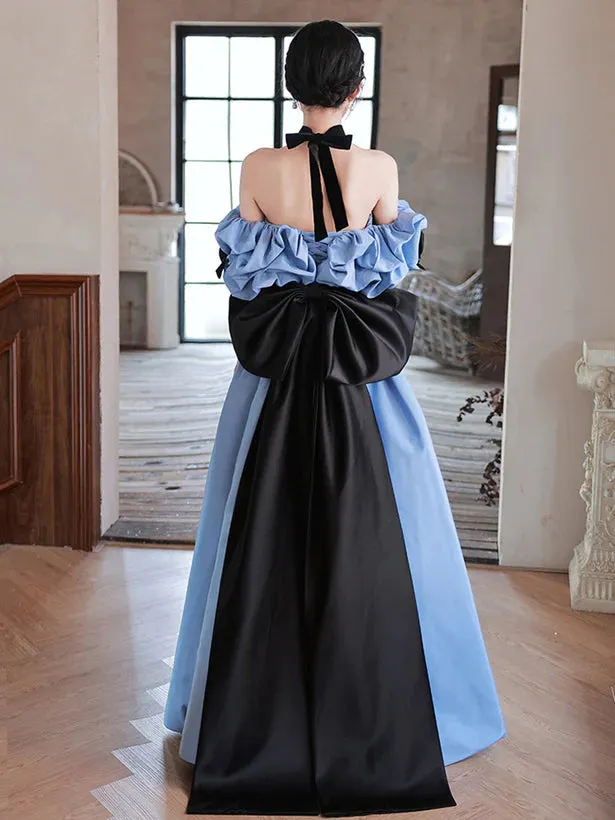 Blue Satin Off Shoulder Black Lace Long Party Dress A-line Blue Prom Dress Evening Dress