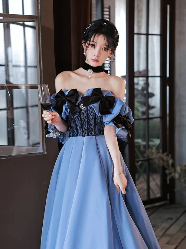 Blue Satin Off Shoulder Black Lace Long Party Dress A-line Blue Prom Dress Evening Dress