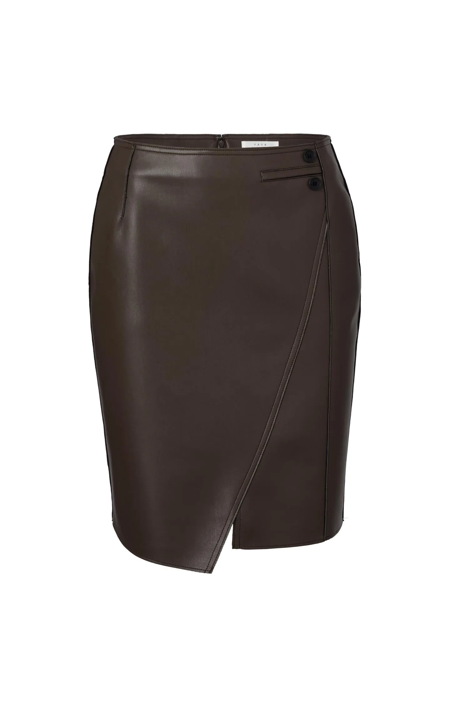 Brown faux leather midi skirt with asymmetric wrap-over