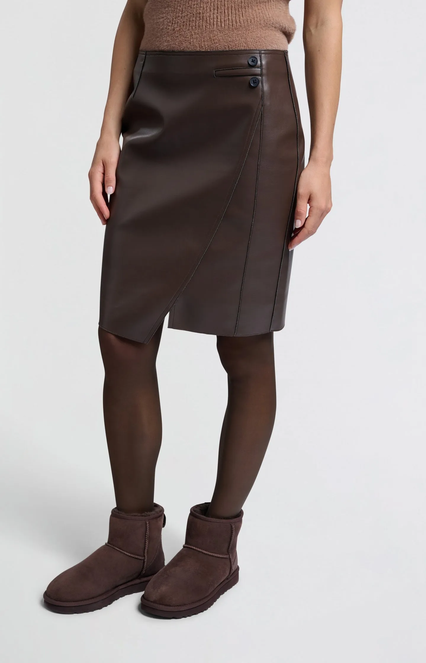 Brown faux leather midi skirt with asymmetric wrap-over