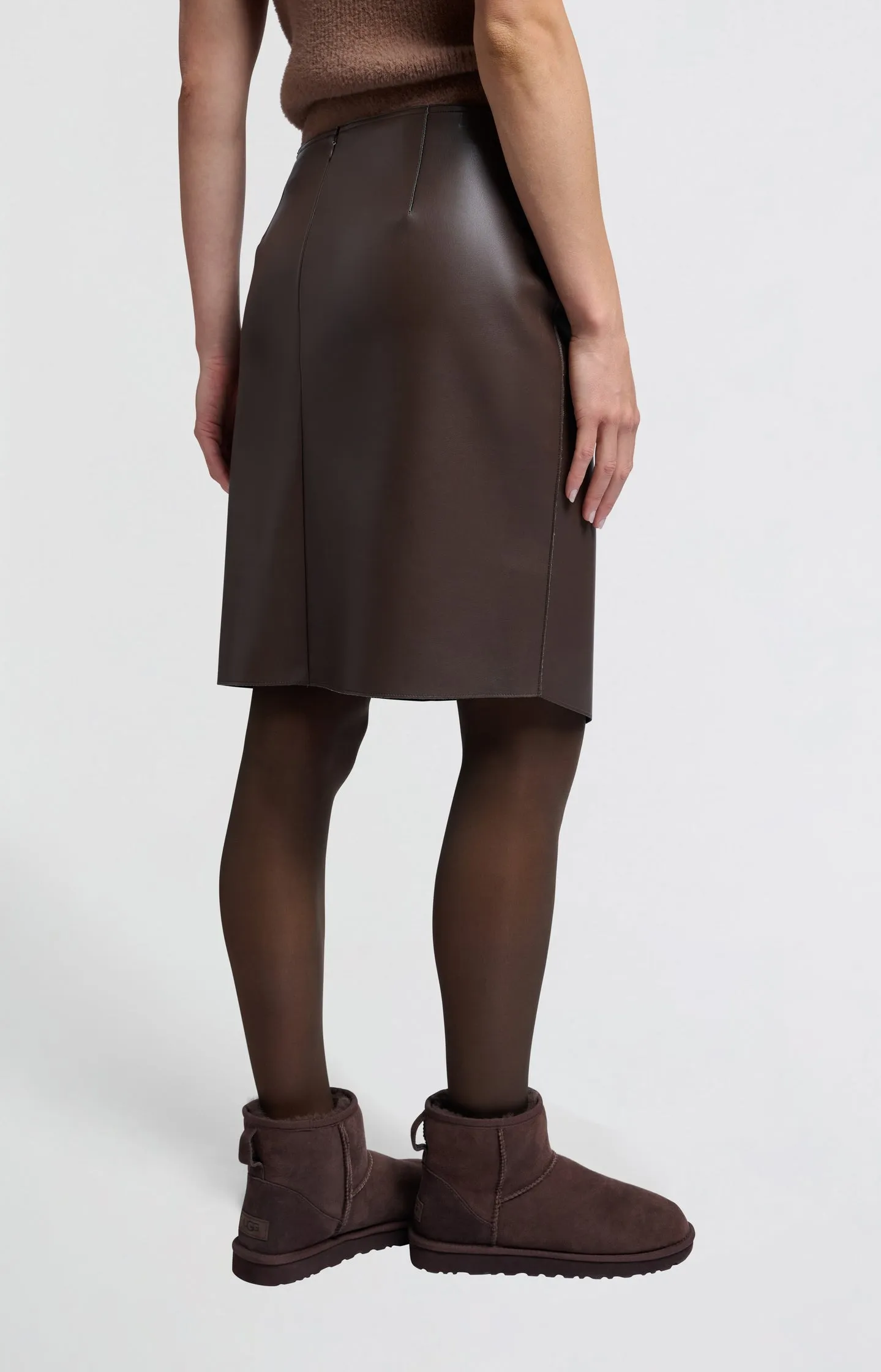 Brown faux leather midi skirt with asymmetric wrap-over