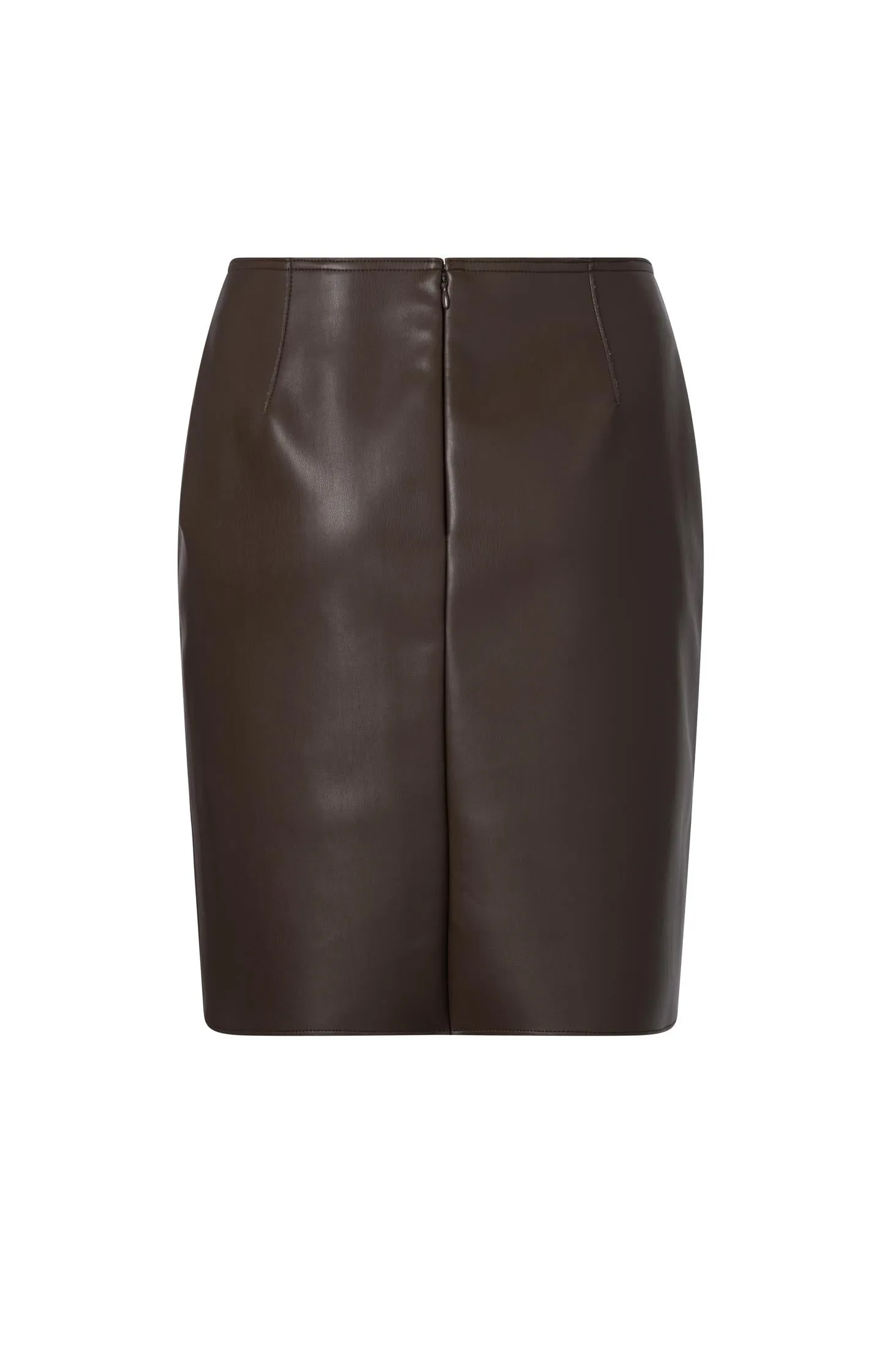 Brown faux leather midi skirt with asymmetric wrap-over