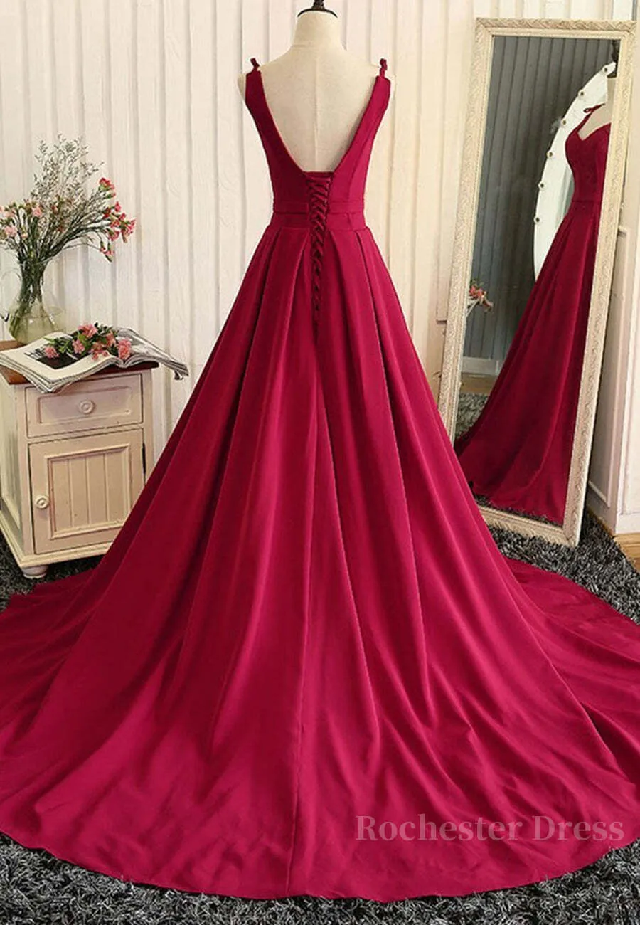 Burgundy A Line V Neck Sweep Train Open Back Satin Long Prom Dress, V Neck Burgundy Formal Dress, Backless Evening Dress