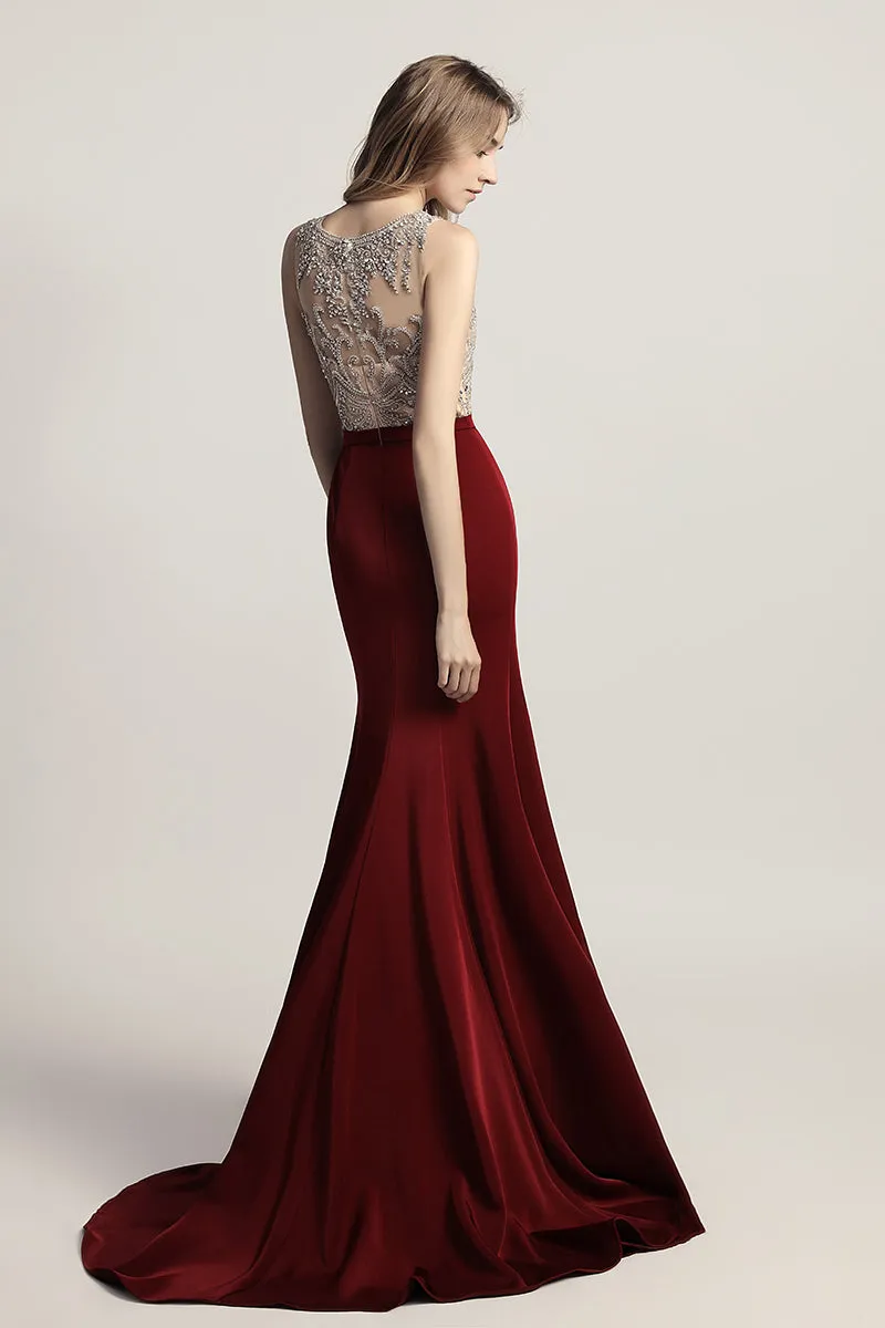 Burgundy Elegant Mermaid Long Evening Dress Beading Prom Dress