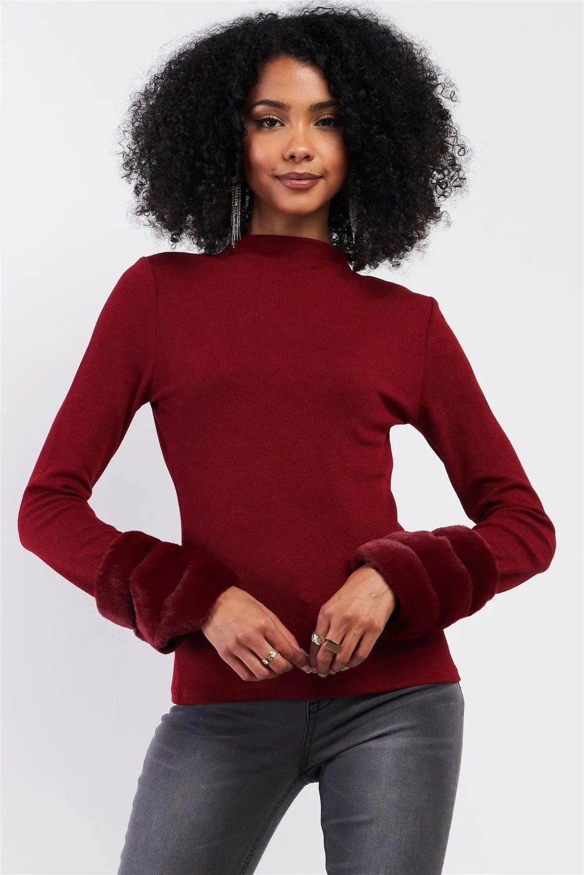 Burgundy Ribbed Long Faux Mink Fur Detachable Muff Inspired Detail Sleeve Semi-Turtleneck Sweater /1-1-1-1-1