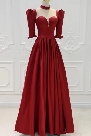 Burgundy Satin High Neck Long Prom Dress, Burgundy A-Line Evening Party Dress