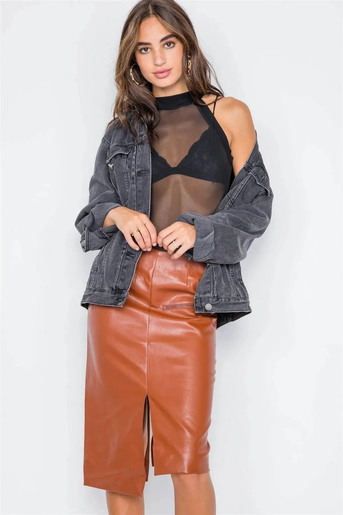 Camel  Vegan Leather High-Waist Asymmetrical Hem Skirt