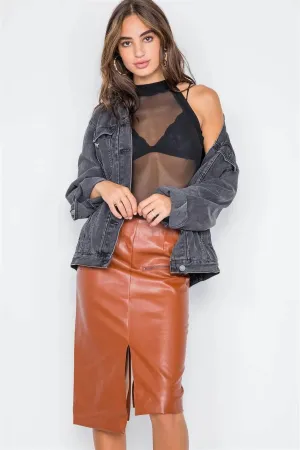 Camel  Vegan Leather High-Waist Asymmetrical Hem Skirt