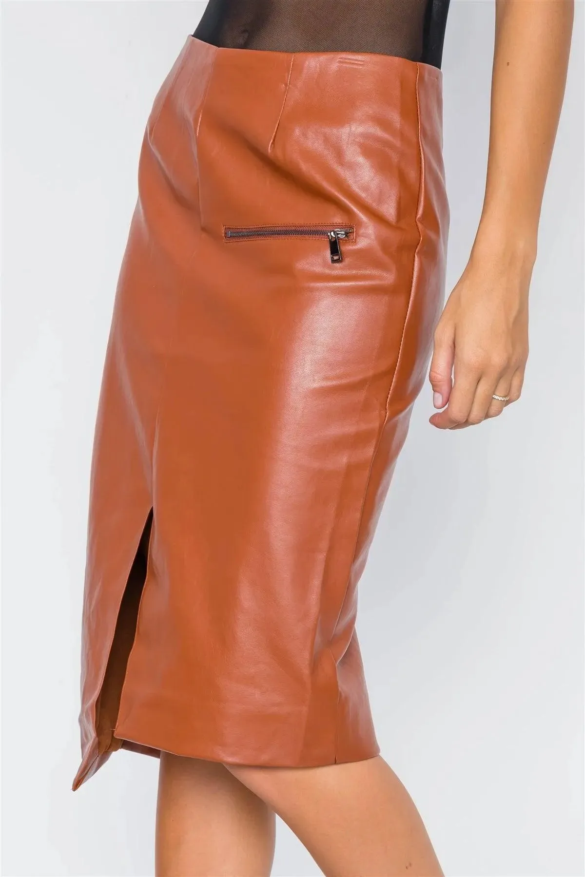 Camel  Vegan Leather High-Waist Asymmetrical Hem Skirt