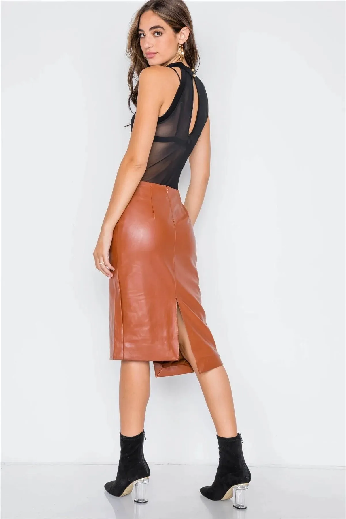 Camel  Vegan Leather High-Waist Asymmetrical Hem Skirt