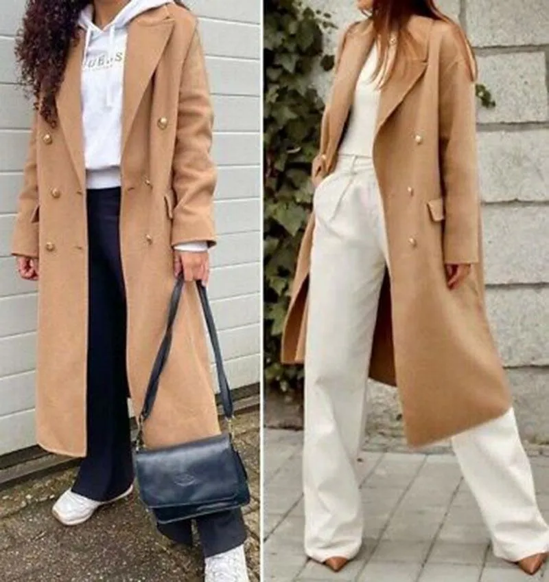 Cashmere Camel Beige Longline Double Breasted Knee Length Wool Trench Coat