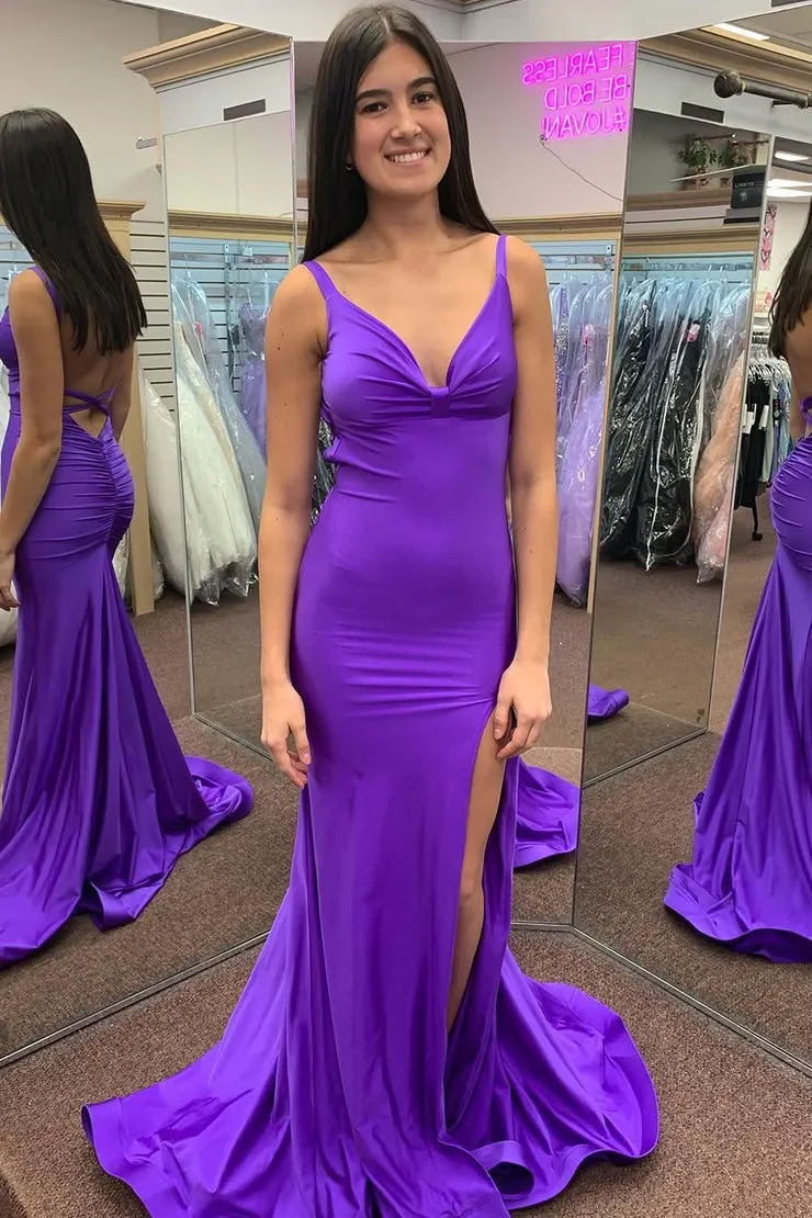 Charming Mermaid V Neck Purple Satin Long Prom Dresses