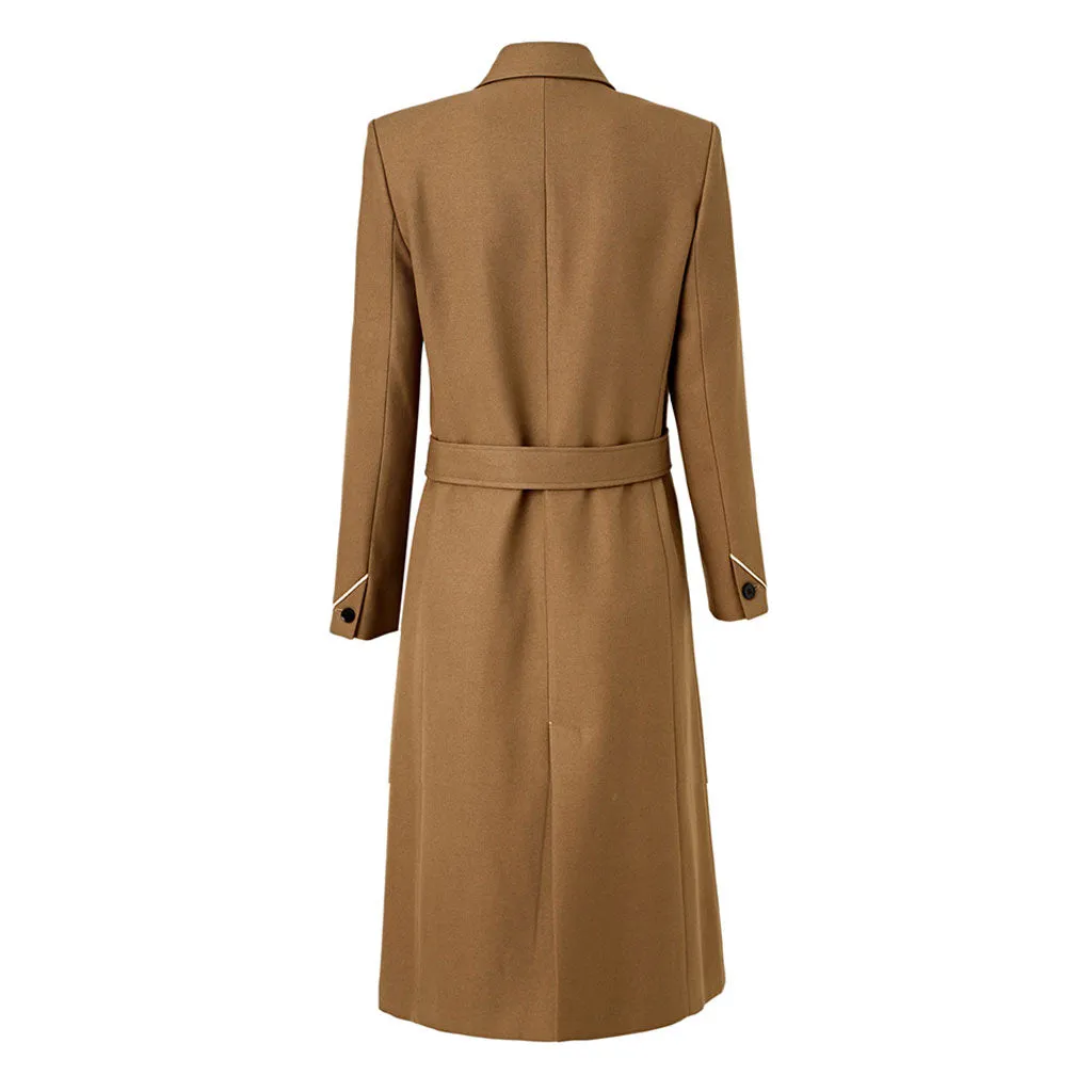 Classic Peak Lapel Single Breasted Belted Wool Blend Trench Coat