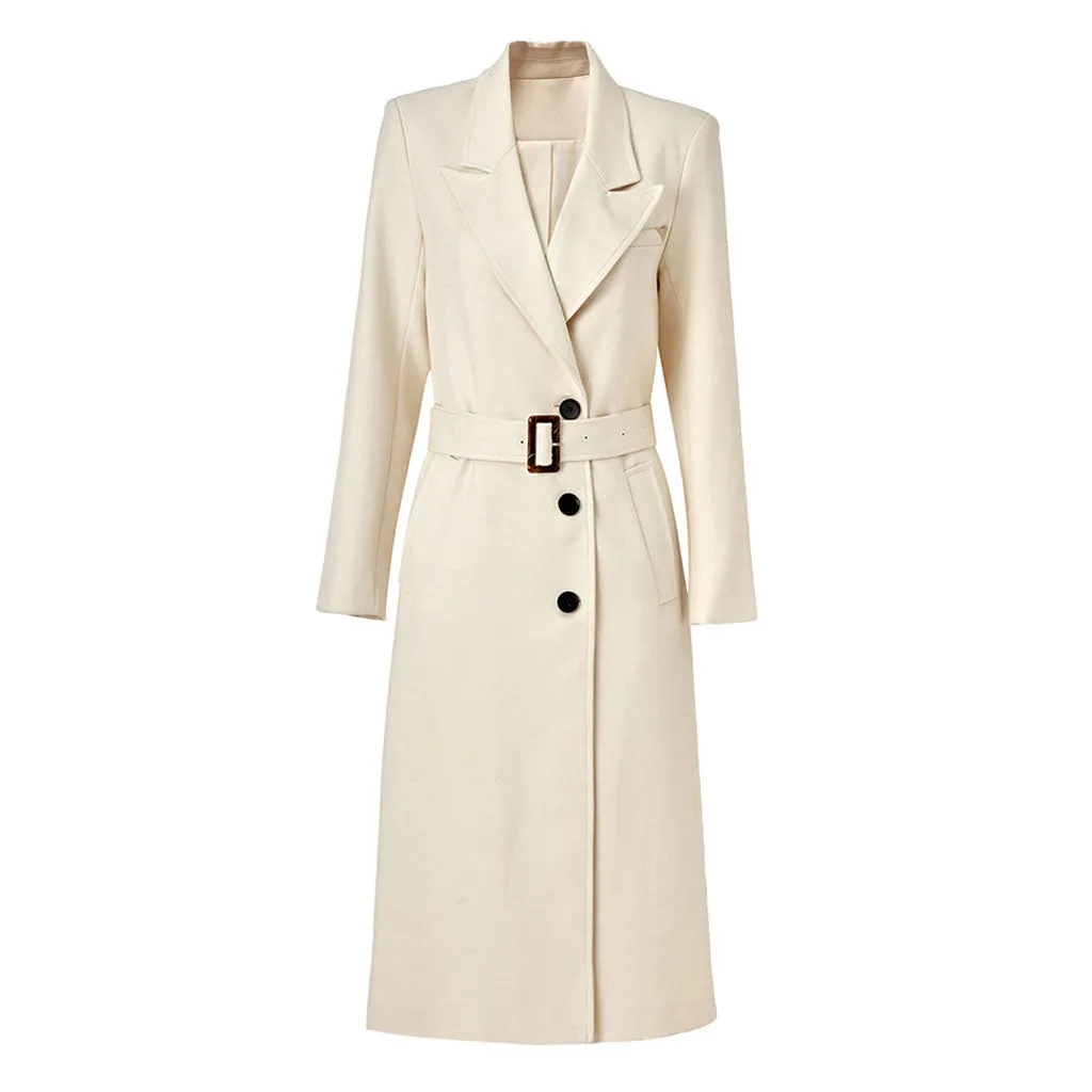 Classic Peak Lapel Single Breasted Belted Wool Blend Trench Coat