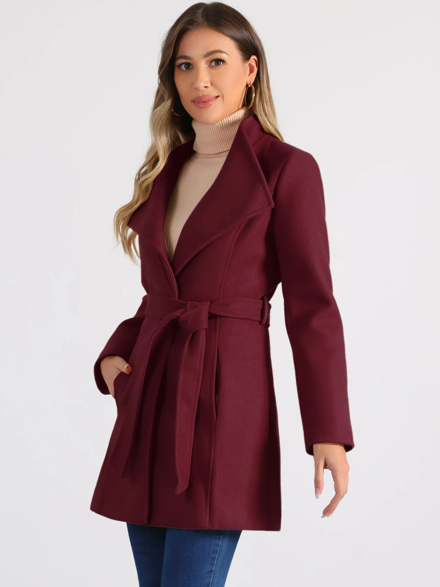 Classic Stand Collar Long Sleeve Winter Belted Coat