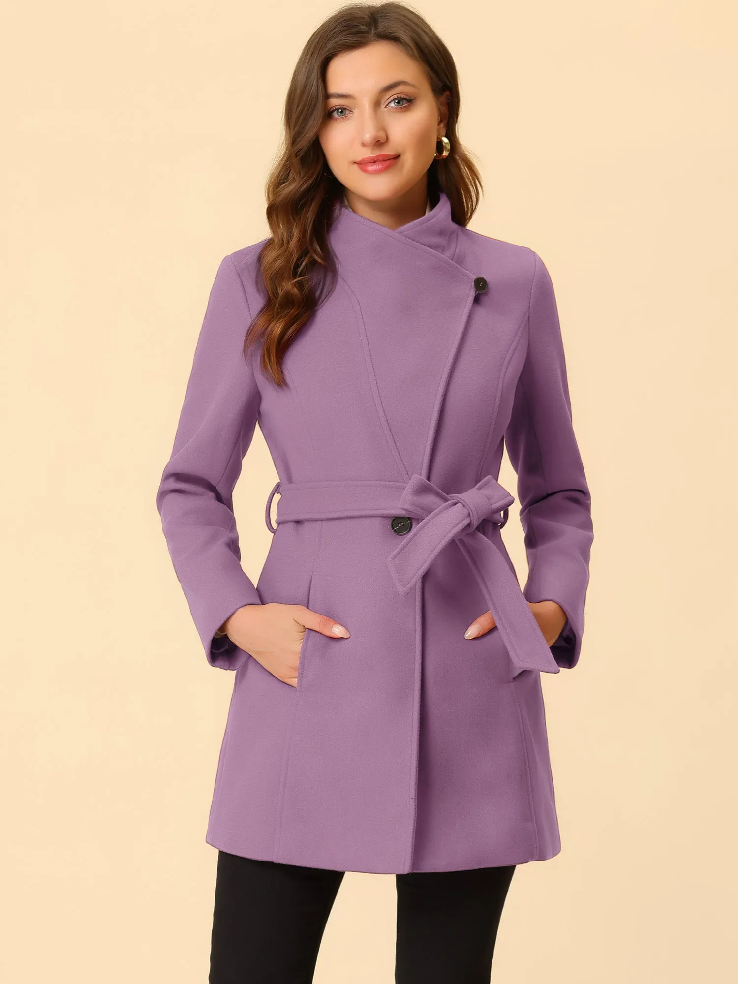 Classic Stand Collar Long Sleeve Winter Belted Coat