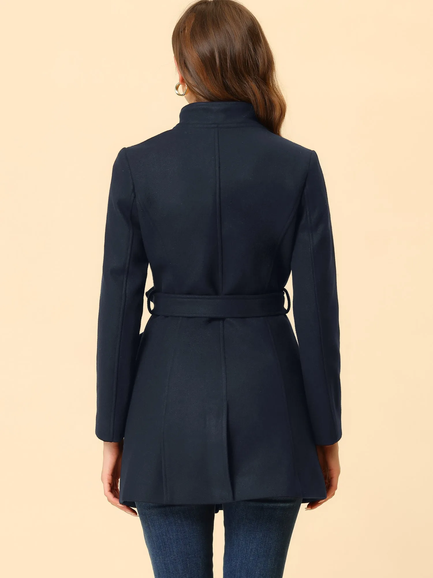 Classic Stand Collar Long Sleeve Winter Belted Coat