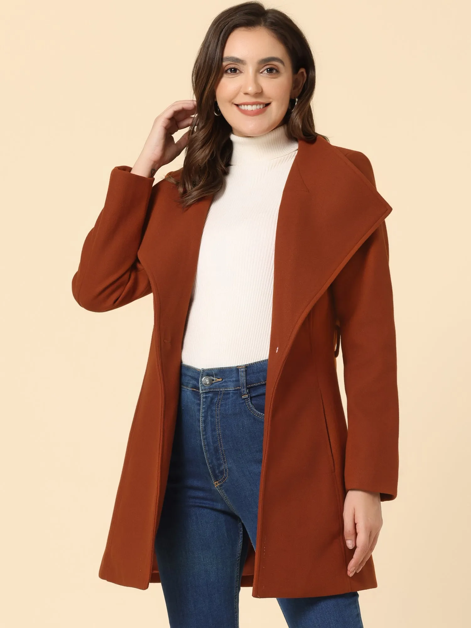 Classic Stand Collar Long Sleeve Winter Belted Coat