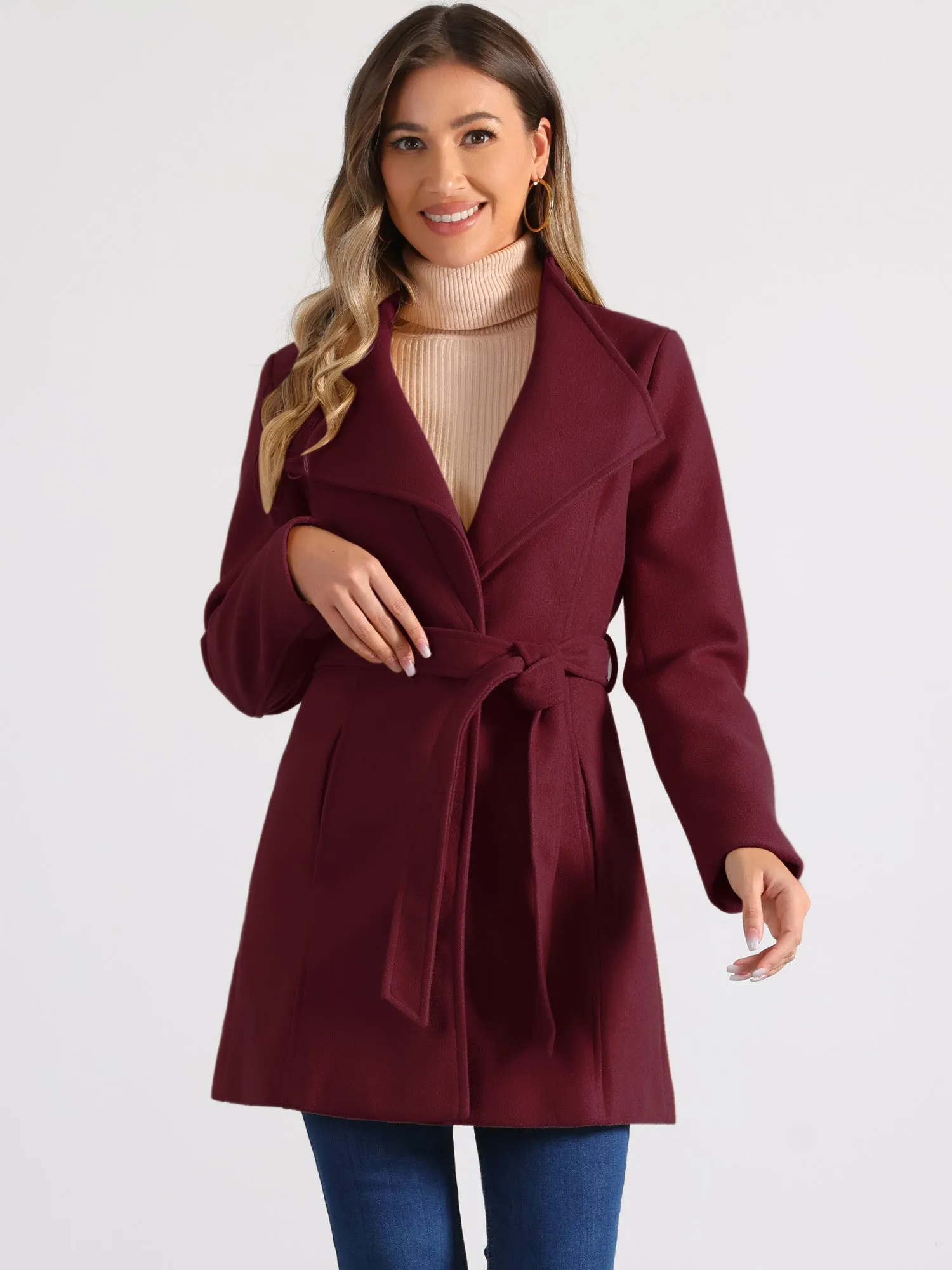 Classic Stand Collar Long Sleeve Winter Belted Coat