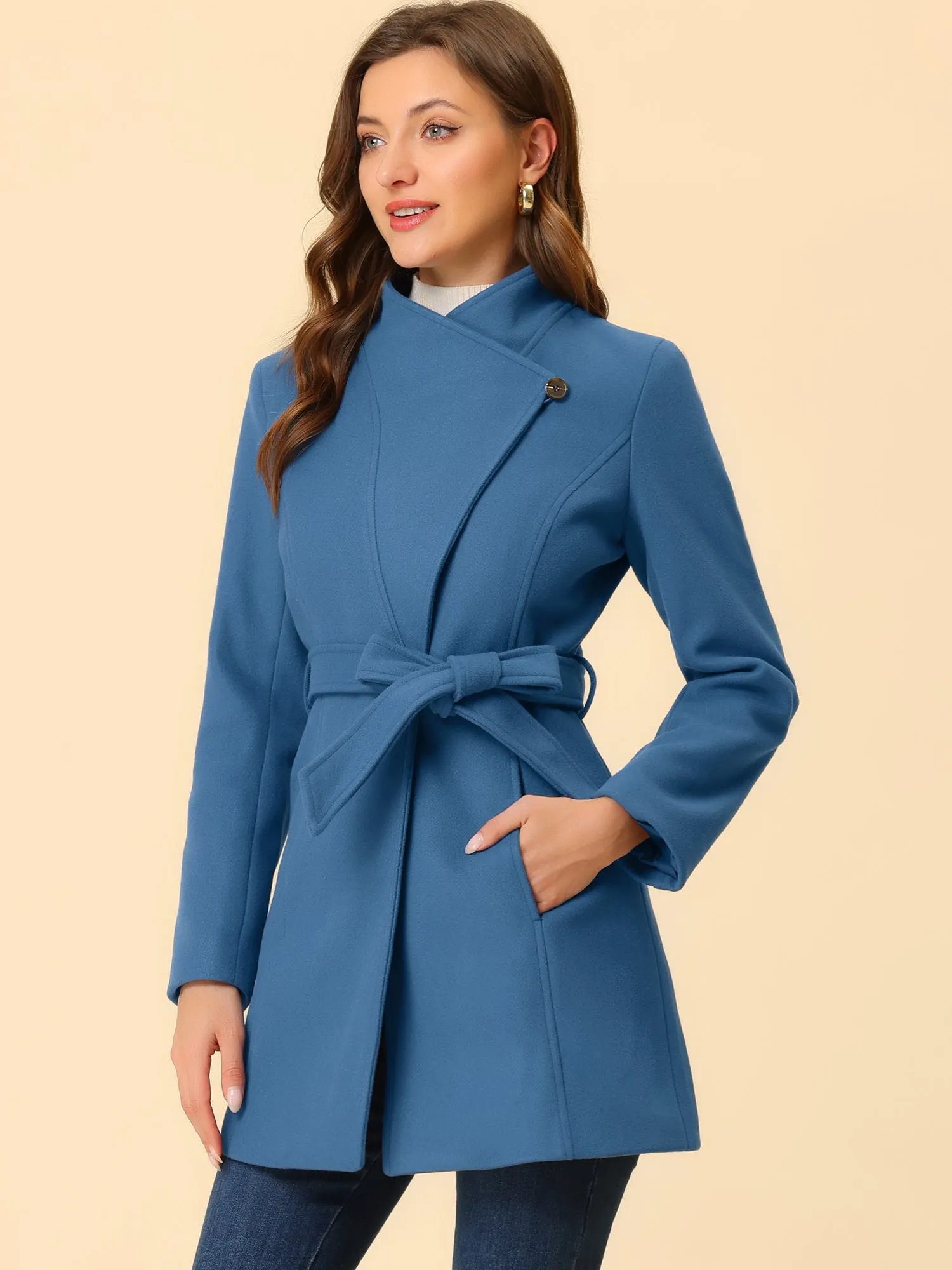 Classic Stand Collar Long Sleeve Winter Belted Coat